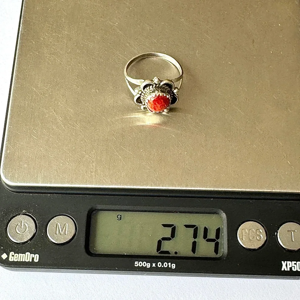 Navajo Flower Ring Red Spiny Oyster Sz 8 Sterling Silver Scalloped Native Amer